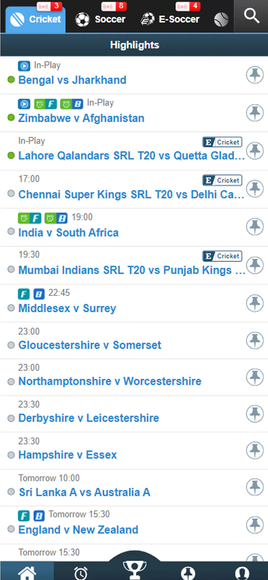 Cricket betting section in the Crickex app.