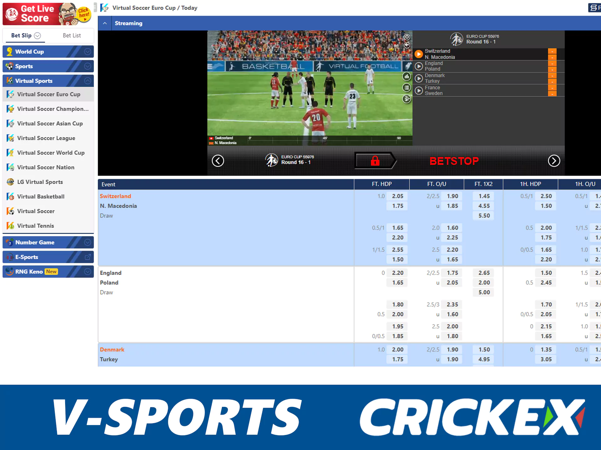 Watch vsports matches and bet at Crickex.