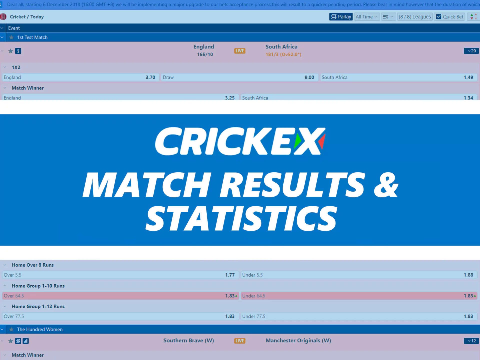Crickex offers detailed betting statistics and match results.