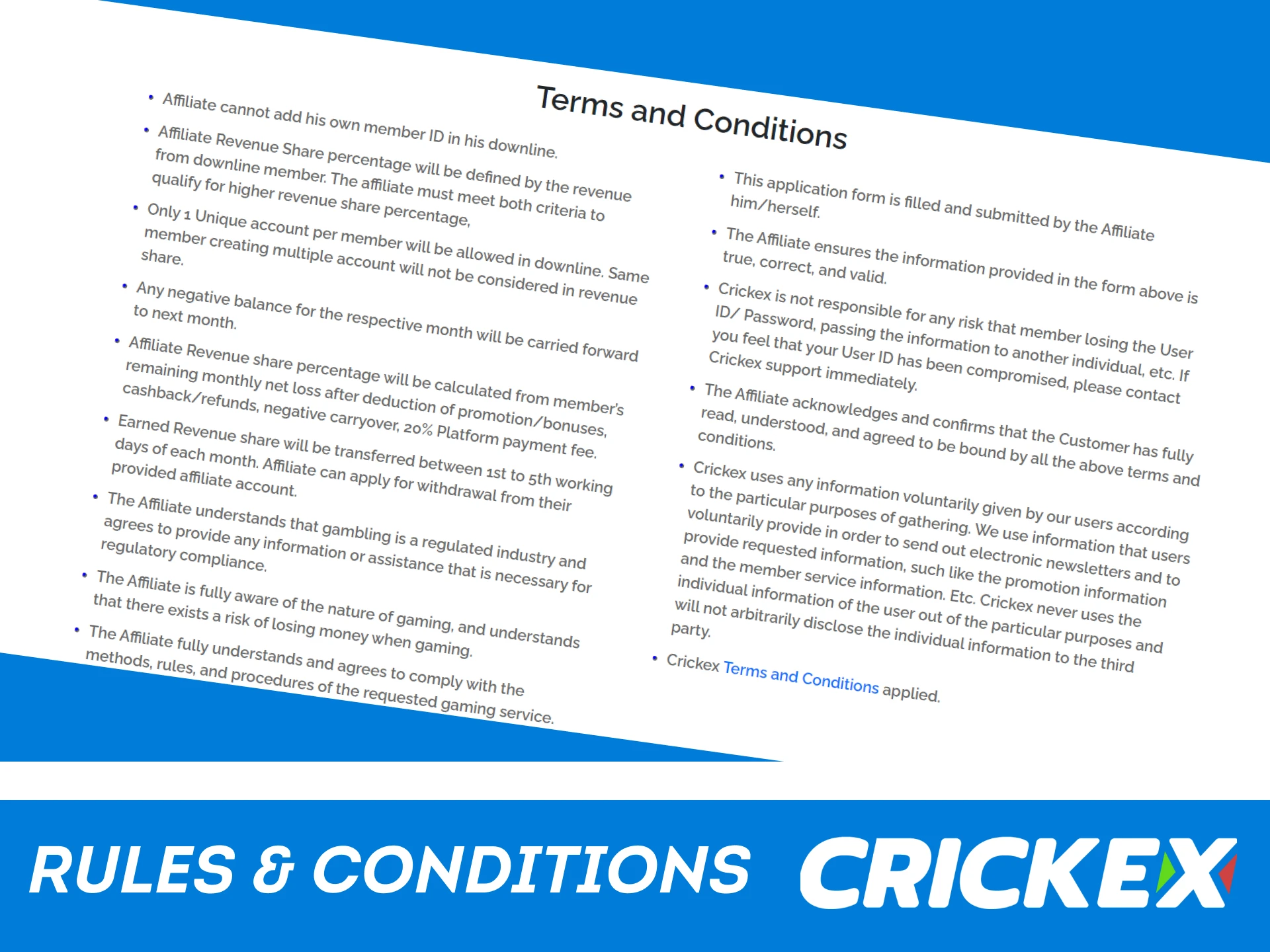 Learn the terms of use of the Crickex affiliate program.